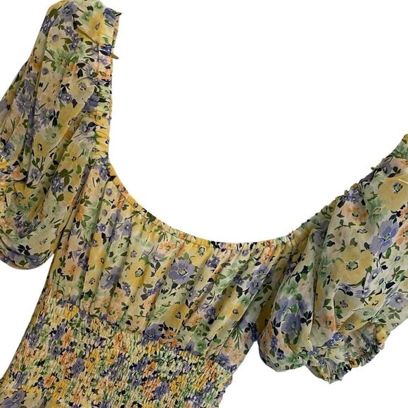 ASTR the Label Irma Puff Sleeve Dress Midi Yellow Blue Floral XS NWT - Picture 7 of 9